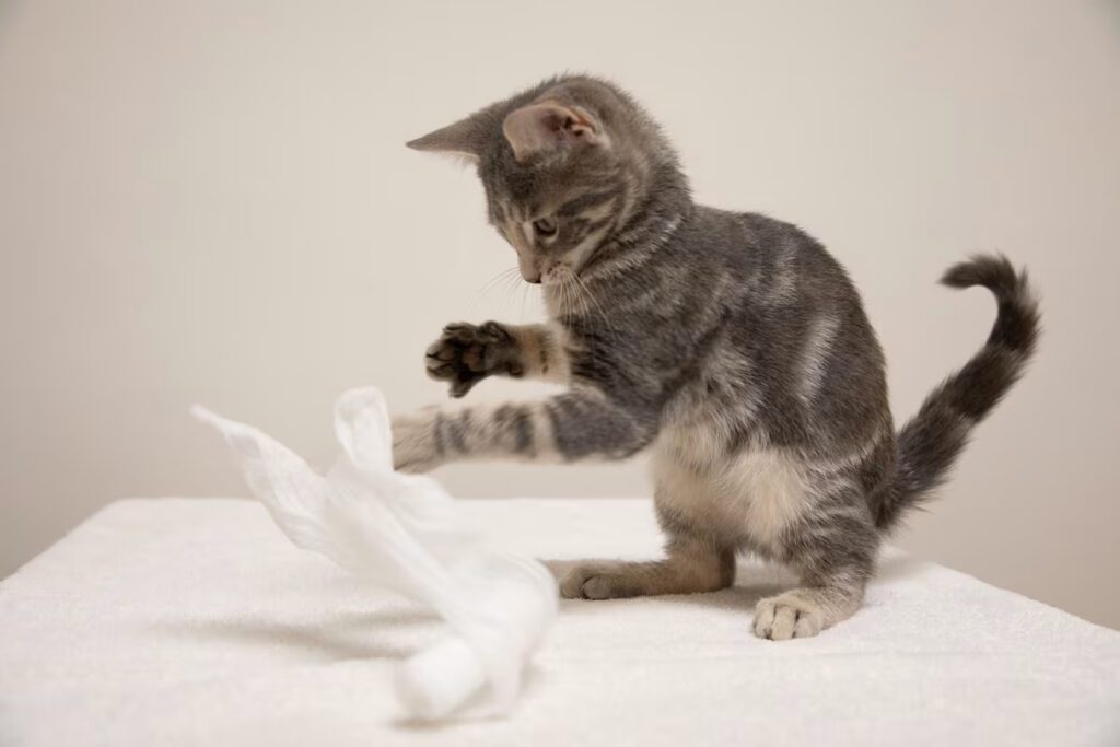 grey cat playing with a white toy